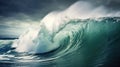 Large ocean wave crashing with force and power in green hues