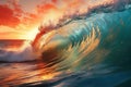 The large ocean wave hitting the shore at sunset. Generative AI