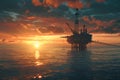 Large off shore oil rig platform in the ocean at sunset 3d render