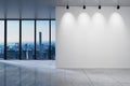 Large office with blank white wall in front of panoramic window skyline view, 3D Illustration