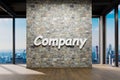 large office with centered brickwall and white company lettering copy space in front of panoramic window skyline view, 3D