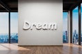 large office with centered white wall and white dream lettering copy space in front of panoramic window skyline view, 3D