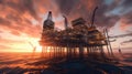 Large Offshore oil rig drilling platform at sunset and beautiful sky. Generative Ai Royalty Free Stock Photo
