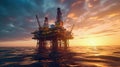 Large Offshore oil rig drilling platform at sunset and beautiful sky. Generative Ai Royalty Free Stock Photo