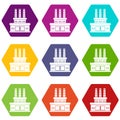 Large oil refinery icon set color hexahedron