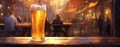 Large Oktoberfest beer in a mug on a wood table, panoramic view. Generative AI