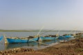 Large old blue wooden fishing boats tied with ropes to the shore against the backdrop of the river and the green forest Royalty Free Stock Photo