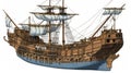 Large, old-fashioned ship with three masts. It is sitting on water and appears to be in good condition despite its age