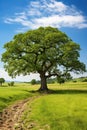 Large old oak tree in grassy field with blue sky in springtime Royalty Free Stock Photo