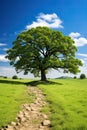 Large old oak tree in grassy field with blue sky in springtime Royalty Free Stock Photo