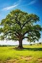 Large old oak tree in grassy field with blue sky in springtime Royalty Free Stock Photo