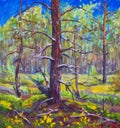 A large old tree, blue sk, in wood painting