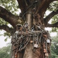 A large old tree entangled in many chains with locks, a sacred magic tree
