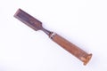 Large old used flat chisel wood carving woodworking tools on white background rust carpentry tool isolated