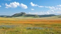 A large open field with mountains in the background, AI