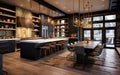 A Large Open Kitchen With Wood Dlooring Granite Counter Tops And Open Shelving Background Royalty Free Stock Photo