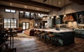 A Large Open Kitchen With Wood Dlooring Granite Counter Tops And Open Shelving Background Royalty Free Stock Photo