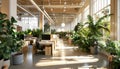 A large open office space with lots of plants and a few potted plants by AI generated image Royalty Free Stock Photo