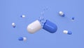 Large open white and blue pill with medicine leaking from it over a blue background. Concept of medicine, research and science. Royalty Free Stock Photo