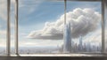 Large open window in a mile high tower in a futuristic city