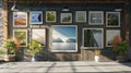 A large openair gallery featuring photographs of nature scenes displayed on rustic wooden frames and surrounded by