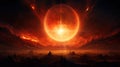 A large orange ball is seen in the sky over a dark landscape, AI