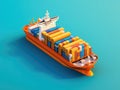 Large orange and blue ship on an ocean. The ship has several containers stacked on top of each other, creating tall