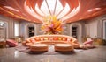 A Large Orange Couch In A Room, colorful absurdism hostile interior design