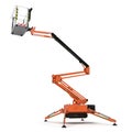 Large orange extended scissor lift platform on white. 3D illustration