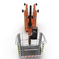 Large orange extended scissor lift platform on white. Front view. 3D illustration