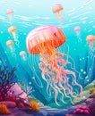 A large orange jellyfish swimming in sea, surrounded by small ones. The ocean floor with colorful algae. Liquid Motion.