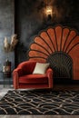 large orange monarch chair, art deco interiors