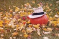 A large orange pumpkin lies on a lawn in a hat among dry autumn yellow leaves in fine sunny weather outside