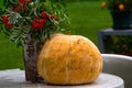 A large orange pumpkin and a vase with rowan branches on the table Royalty Free Stock Photo