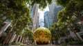 Large Orange Sculpture with Green Leaf Pattern Amidst Modern Architecture and Lush Trees Royalty Free Stock Photo