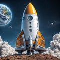 A large orange space rocket with white smoke around it on a background of blue sky Royalty Free Stock Photo