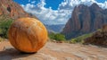 Large orange sphere on a stone path, mountains in background Royalty Free Stock Photo