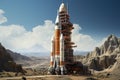 A large orange and white rocket sitting on top of a desert