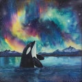 Orca whale under the Northern lights watercolor Royalty Free Stock Photo