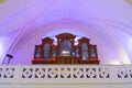 A large organ in the Cathedral of Saints Peter and Paul before the concert. Moscow, Russia.