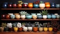 Large ornate collection of pottery and ceramics on wooden shelf generated by AI