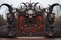 a large, ornate iron gate with intricate devilish details, partially opened