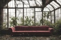 Large ornate red Victorian couch in an abandoned greenhouse Royalty Free Stock Photo