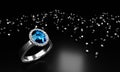 The large oval blue diamond is surrounded by many diamonds on the ring made of platinum gold placed on a white background. 3d