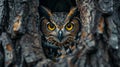 A large owl is peeking out of a hole in a tree Royalty Free Stock Photo