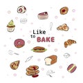 Large page of bakery collection and bake equipment with like to bake word illustration