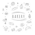 Large page of variety bakery with black lineon white background drawing illustrations
