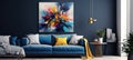 A large painting hangs on the wall above a couch in a living room Royalty Free Stock Photo