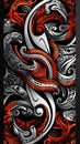 A large painting of a stylized design with red and white swirls, AI