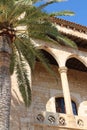 A large palm tree and a fragment of the Almudaina Palace against the blue sky. Palma de Mallorca. Majorca. Spain Royalty Free Stock Photo